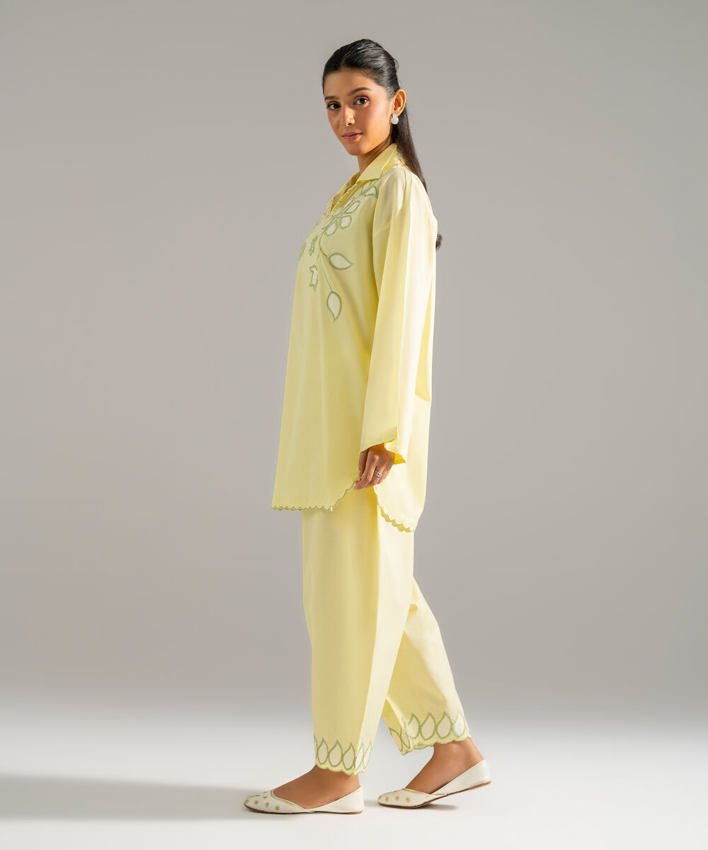 Women's RTW Lawn Solid Embroidered Pale Yellow 2 Piece Suit