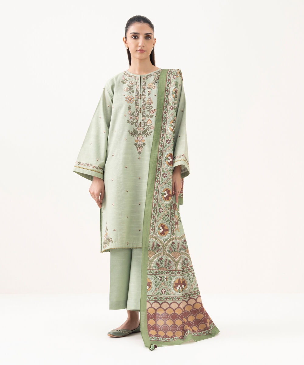 Women's Unstitched Cotton Embroidered Green 3 Piece Suit