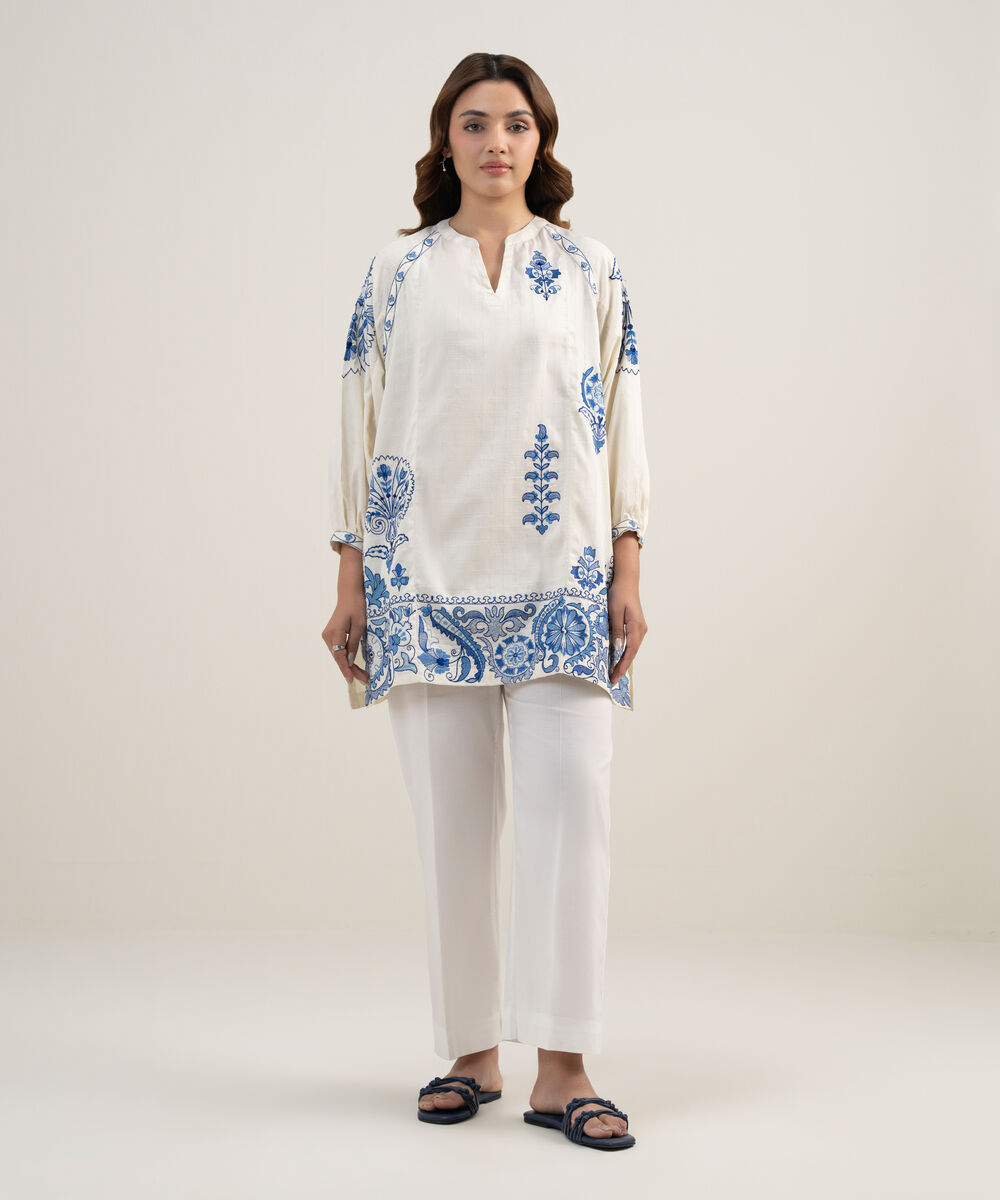 Women's RTW Dobby Embroidered Off White Drop Shoulder Shirt