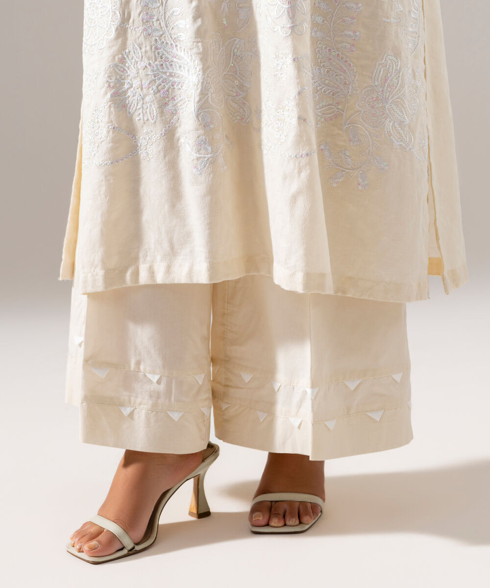Women's RTW Self Jacquard Solid Embroidered Off White 2 Piece Suit