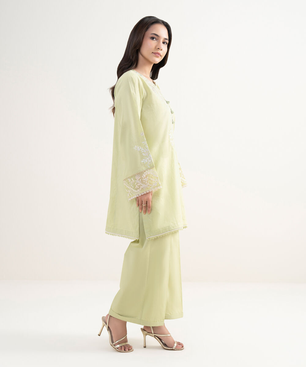 Women's RTW Self Jacquard Embroidered Green Straight Shirt