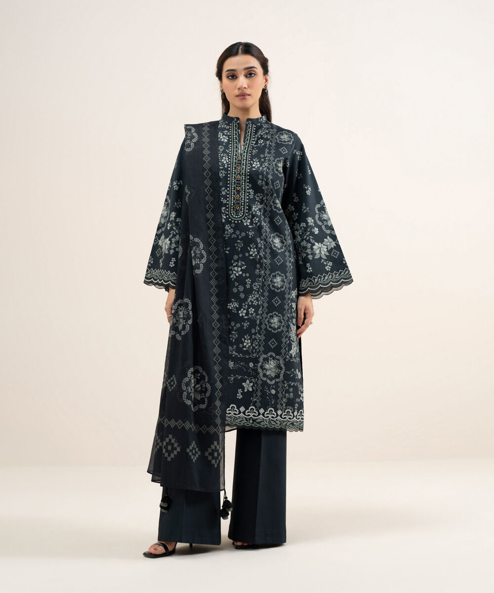 Women's Unstitched Lawn Embroidered Black and Grey 3 Piece Suit