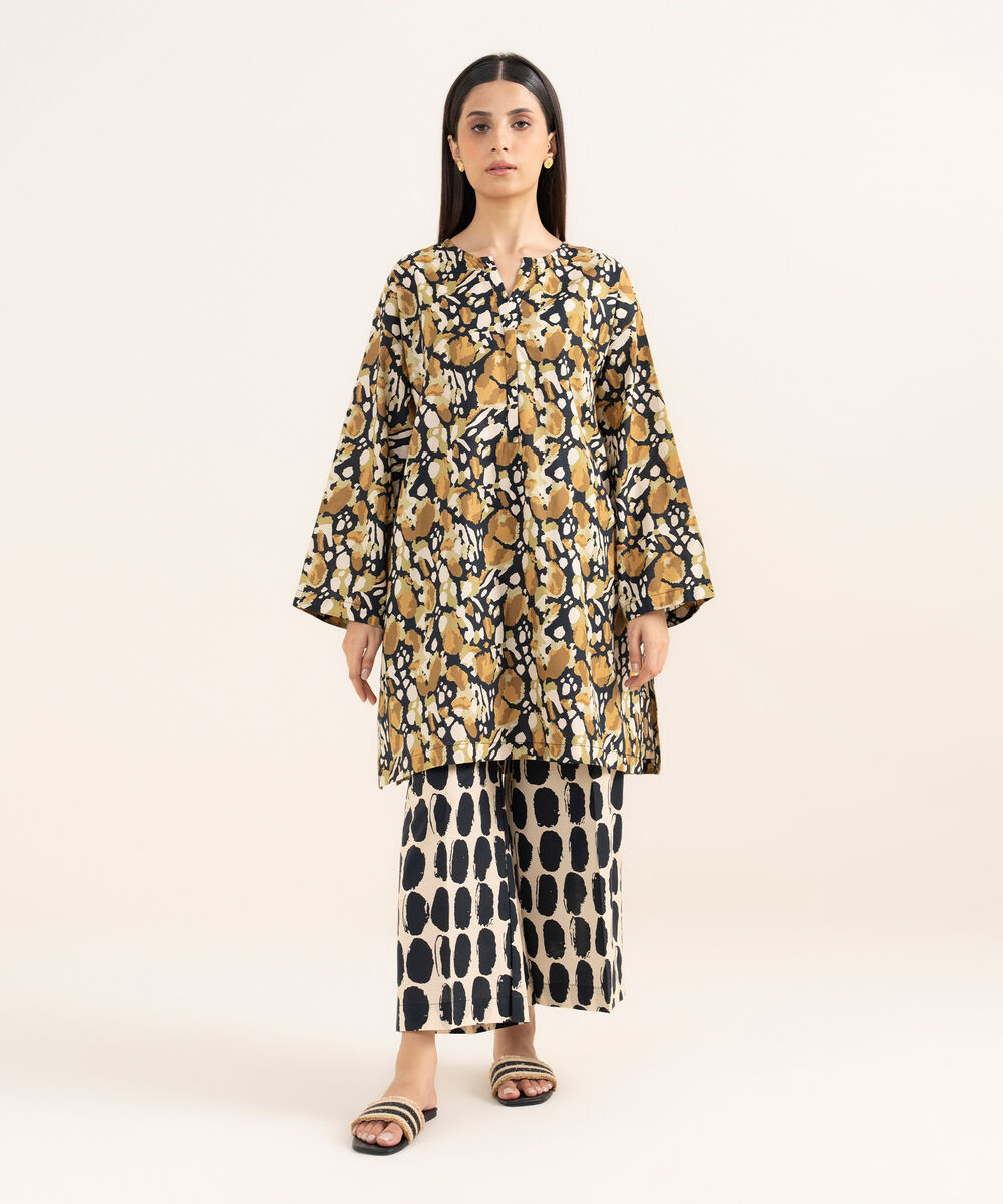 Women's RTW Cambric Brown Printed Drop Shoulder Shirt