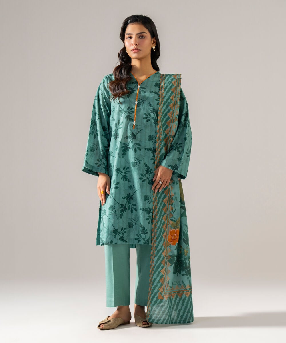 Women's RTW Khaddar Printed Teal 3 Piece Suit