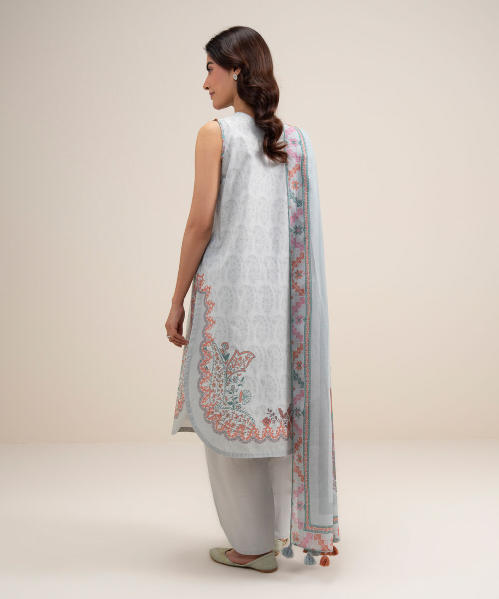 Women's Unstitched Lawn Embroidered Light Grey 3 Piece Suit
