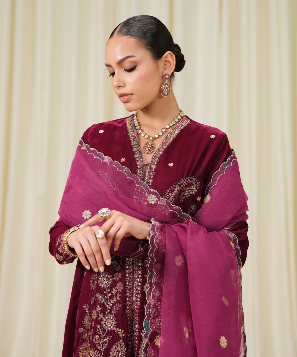 Women's Unstitched Embroidered Velvet Pink 3 Piece Suit