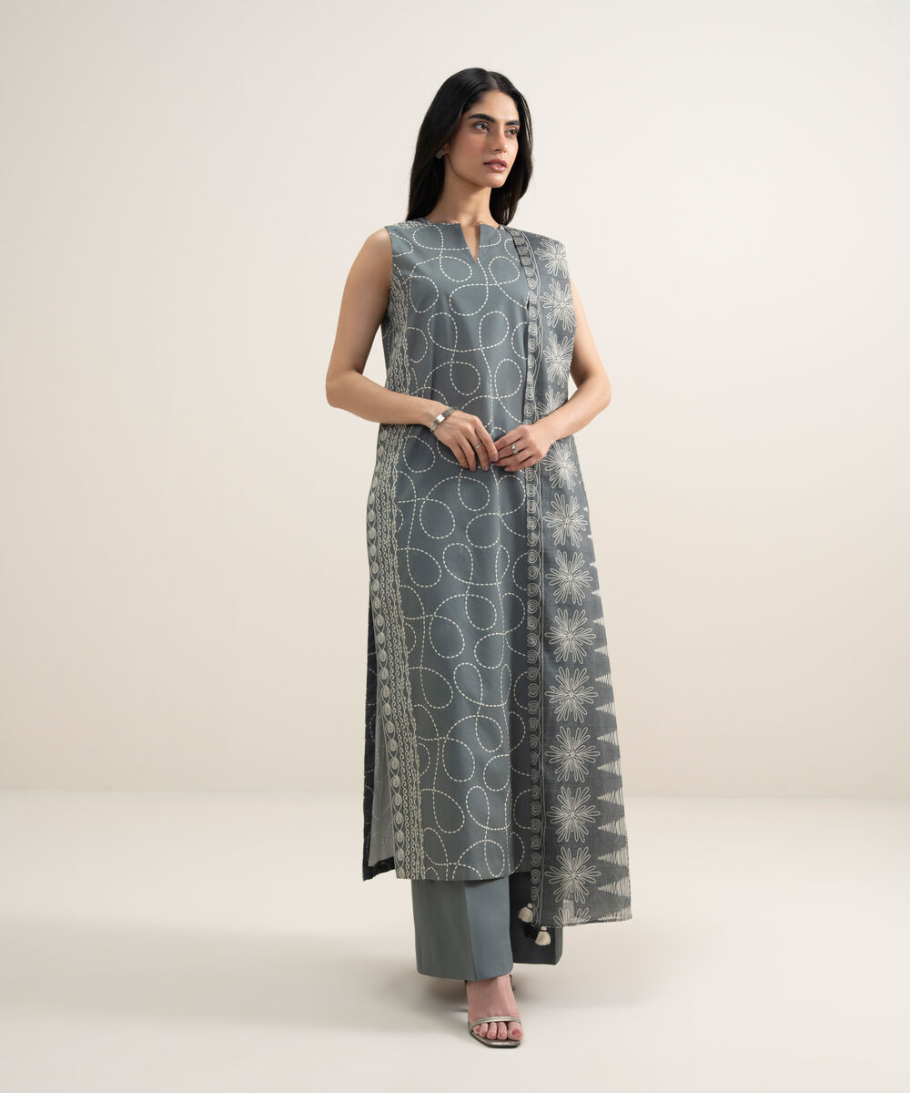 Women's Unstitched Lawn Printed Grey and Off White 2 Piece Suit