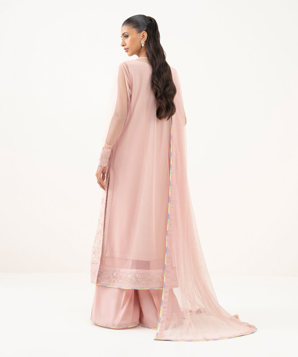 Women's RTW Blended Net Embroidered Pink Three Piece Suit