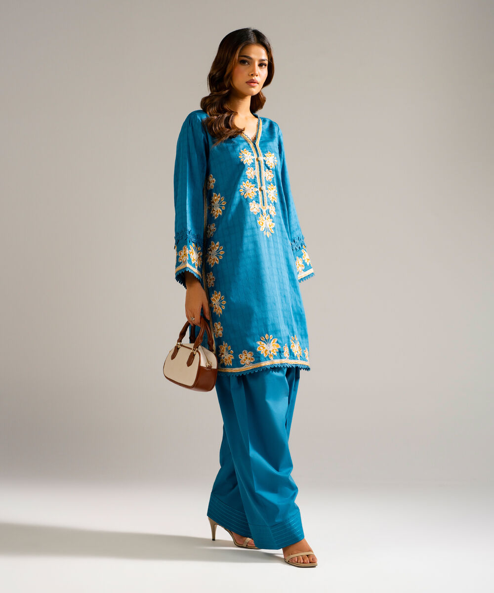 Women's RTW Dobby Embroidered Blue 2 Piece Suit