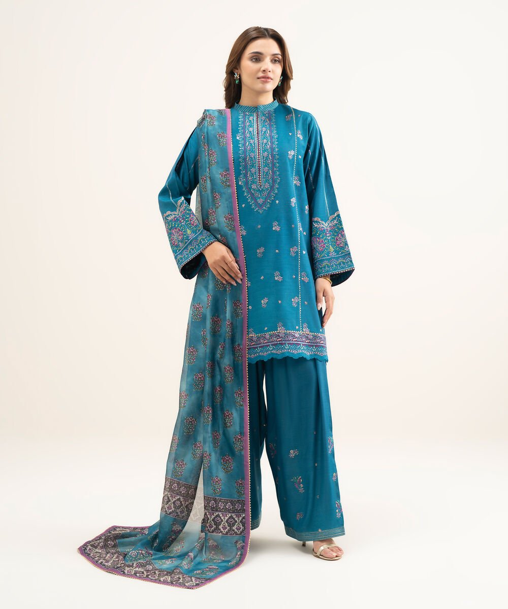 Women's Unstitched Blended Raw Silk Embroidered Blue 3 Piece Suit