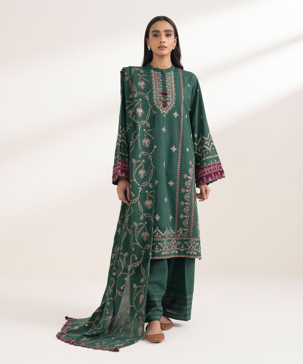 Women's RTW Cotton Karandi Embroidered Green 3 Piece Suit
