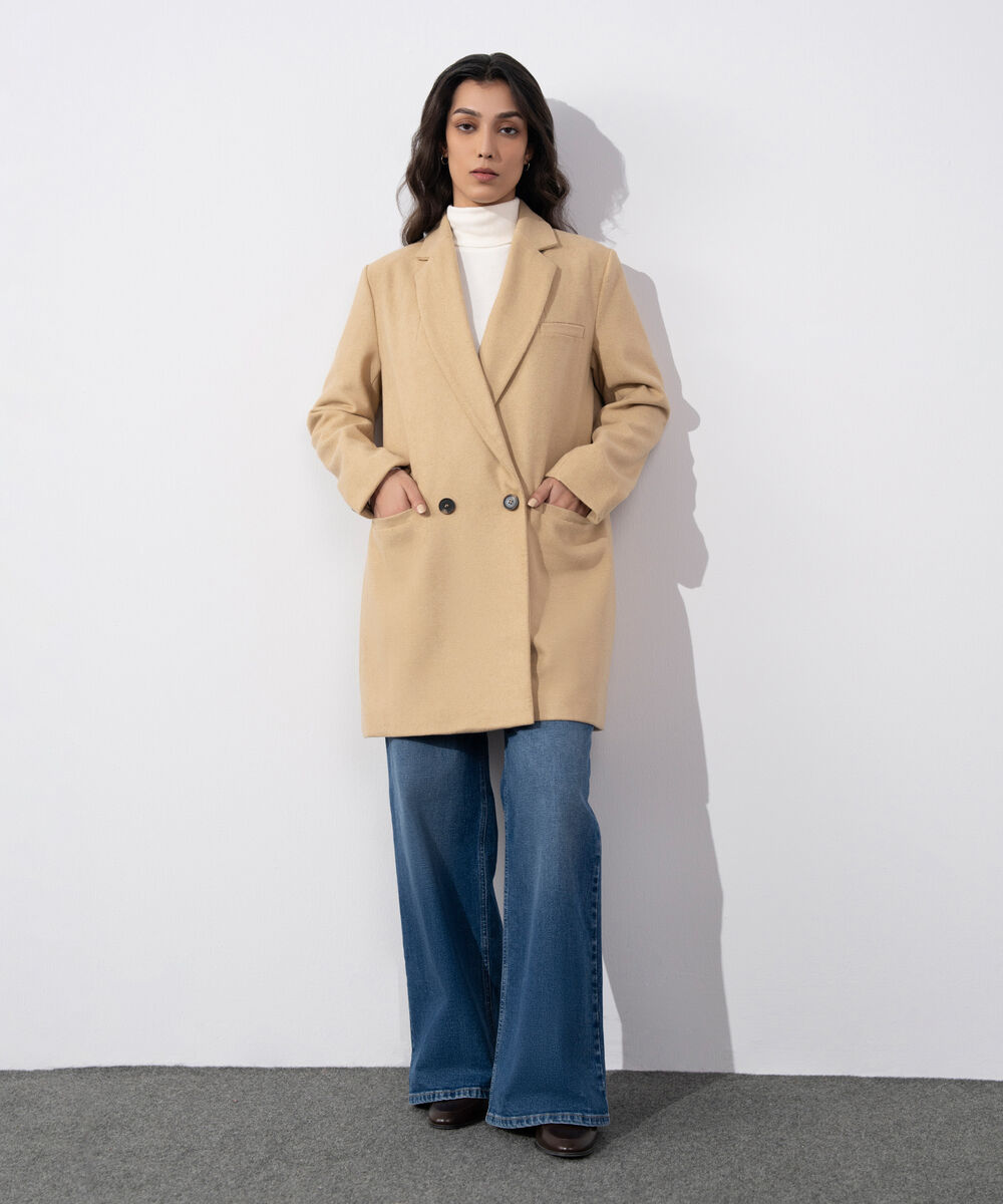 Women's Western Wear Beige Double Breasted Coat
