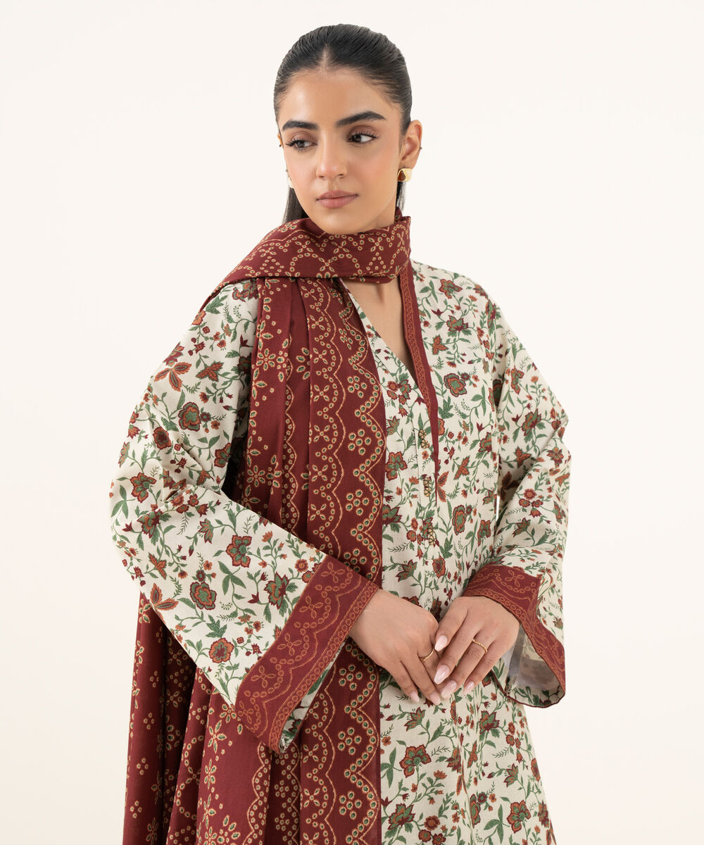 Women's Unstitched Cotton Printed Off White Three Piece Suit