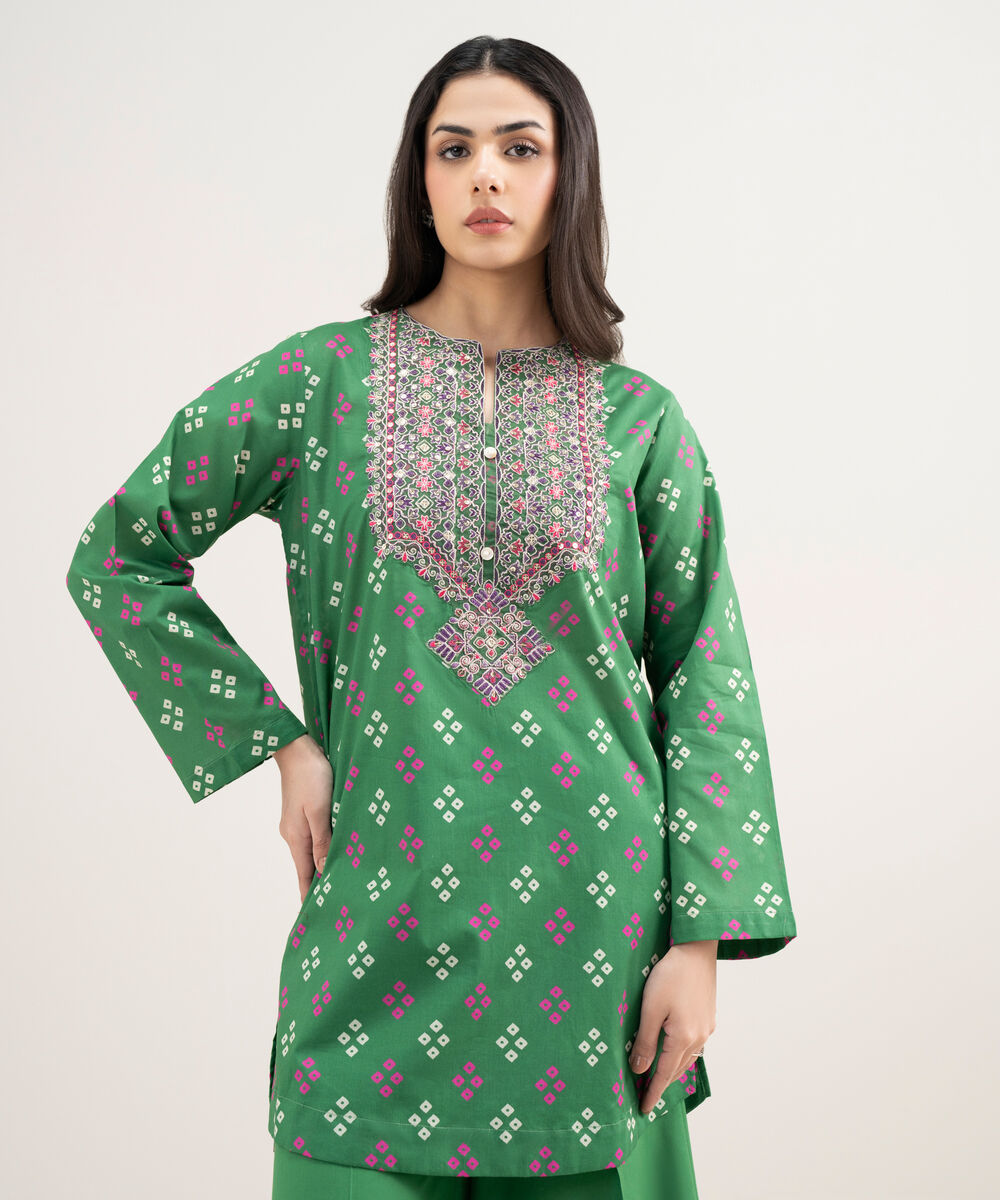 Women's RTW Lawn Embroidered Green Straight Shirt