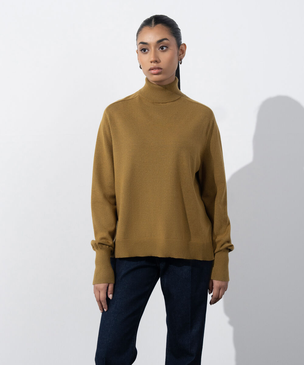 Women's Western Wear Olive Green Turtle Neck Knit Sweater