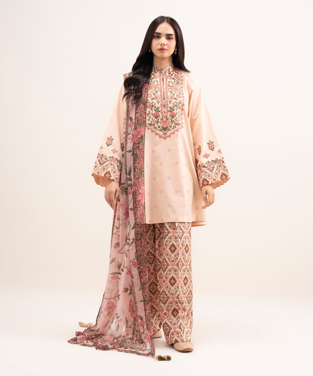 Women's Unstitched Textured Lawn Embroidered Pink 3 Piece Suit