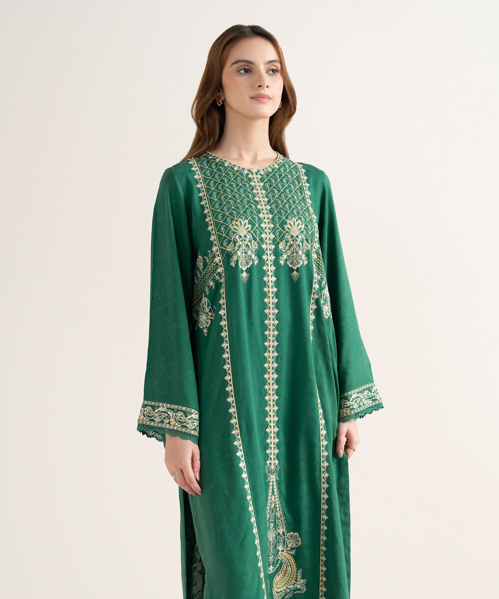 Women's RTW Textured Viscose Embroidered A-Line Green Shirt
