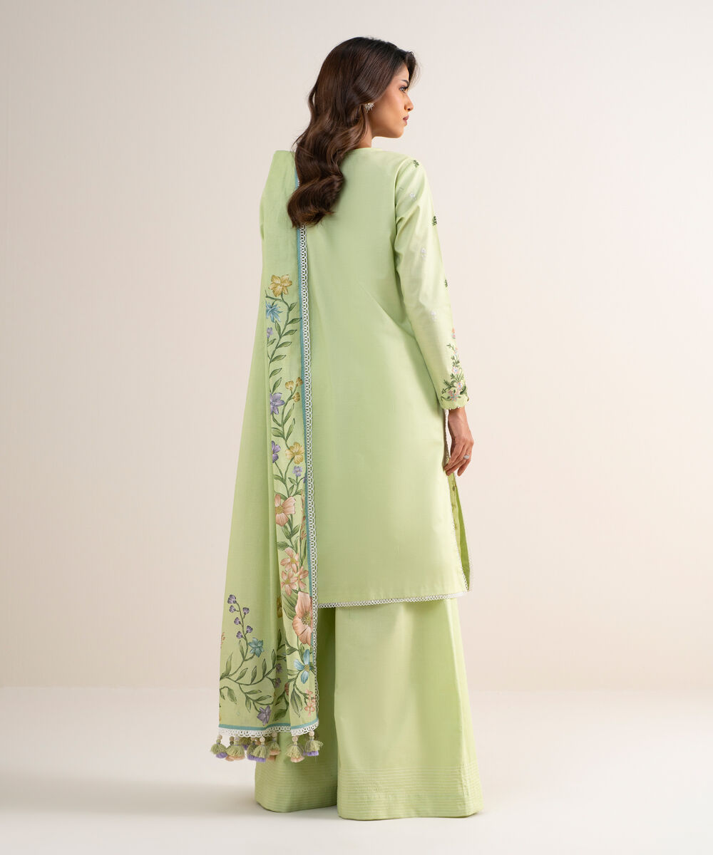 Women's Unstitched Fine Cotton Satin Embroidered Green