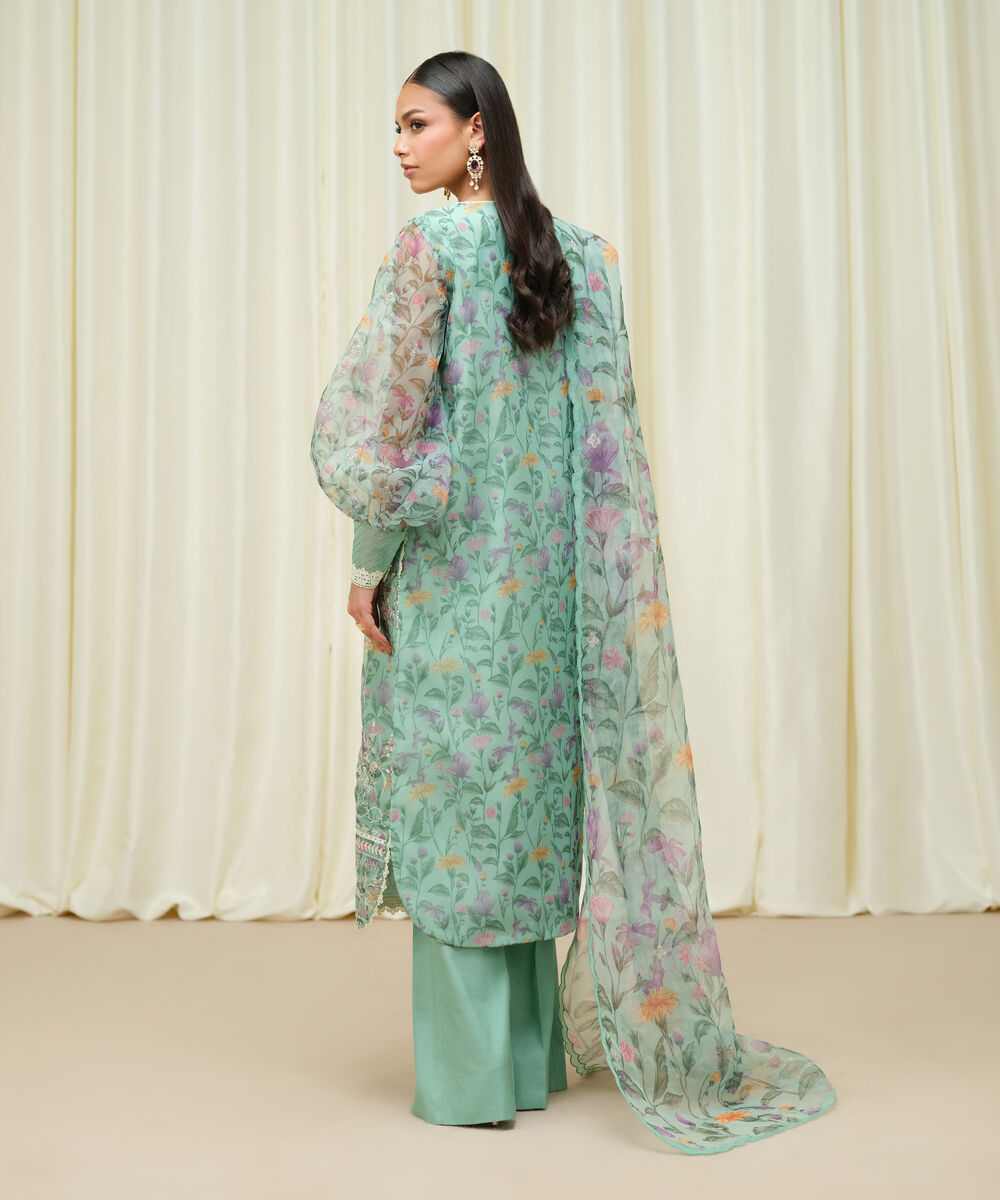 Women's Unstitched Blended Organza Embroidered Blue 3 Piece Suit