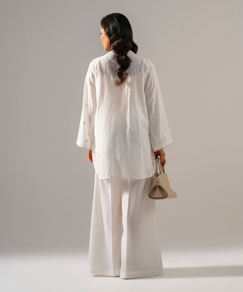 Women's RTW Self Jacquard Solid Embroidered Off White 2 Piece Suit