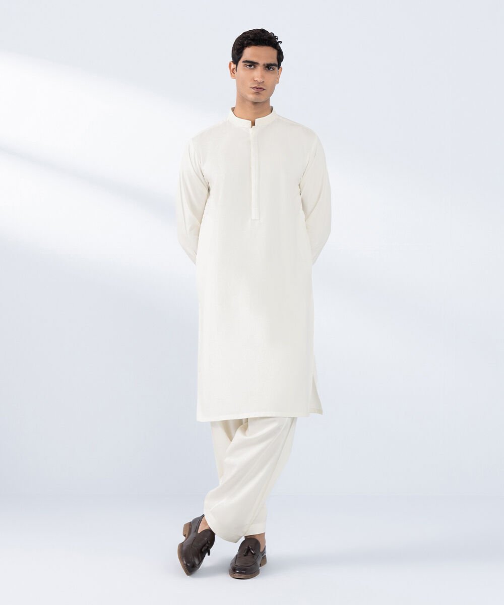 Embroidered Wash & Wear Suit Men's Stitched Embroidered Cream Wash & Wear Kurta Shalwar