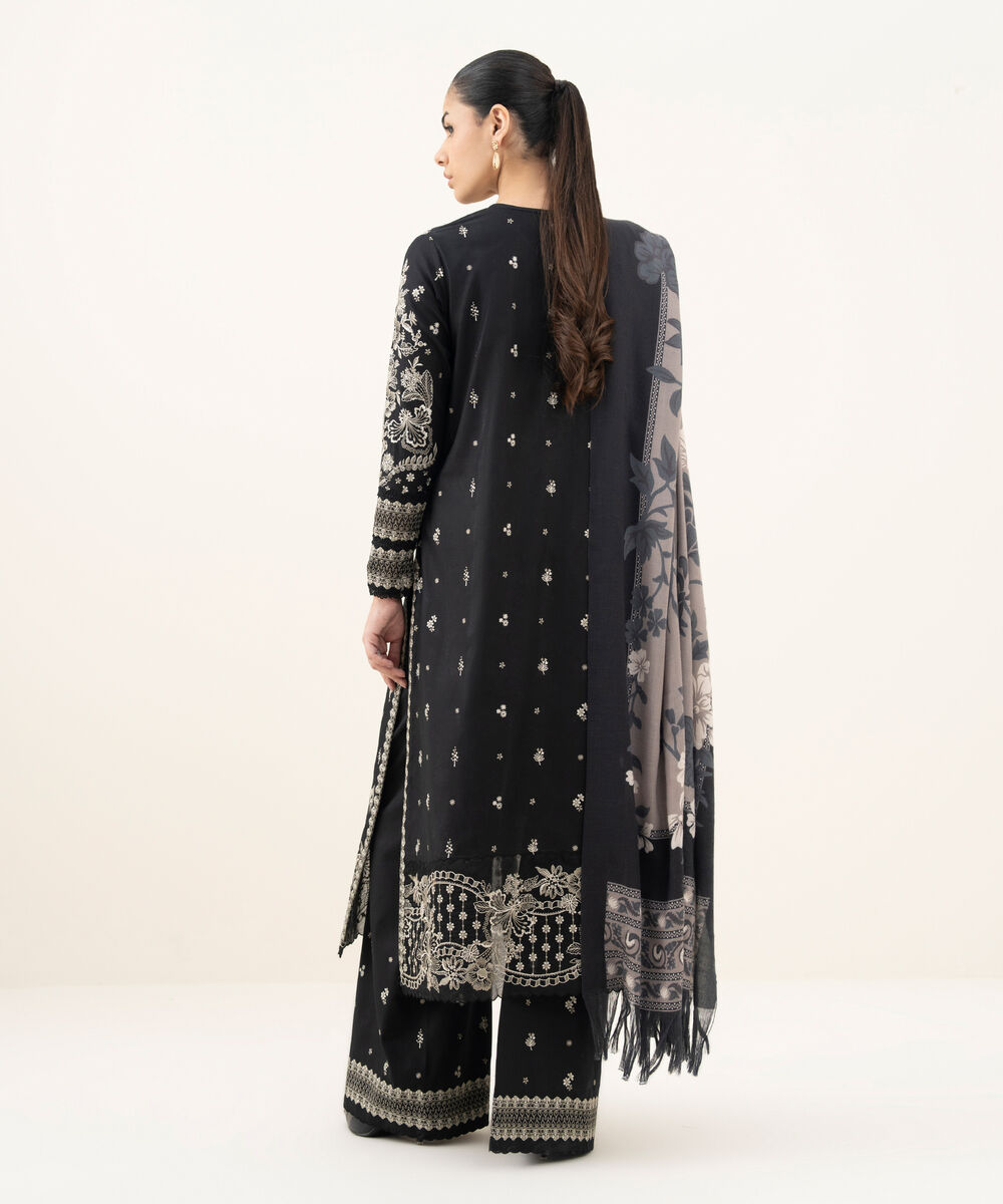 Women's Unstitched Embroidered Twill Black 3 Piece Suit