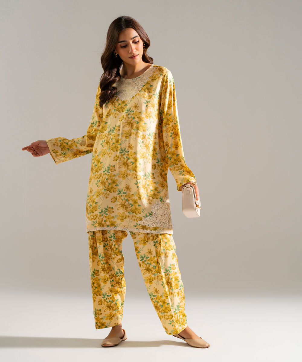 Women's RTW Arabic Lawn Embroidered Yellow 2 Piece Suit