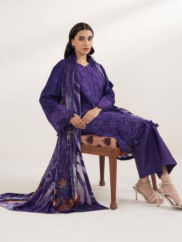 3 Piece - Embroidered Viscose Raw Silk Suit