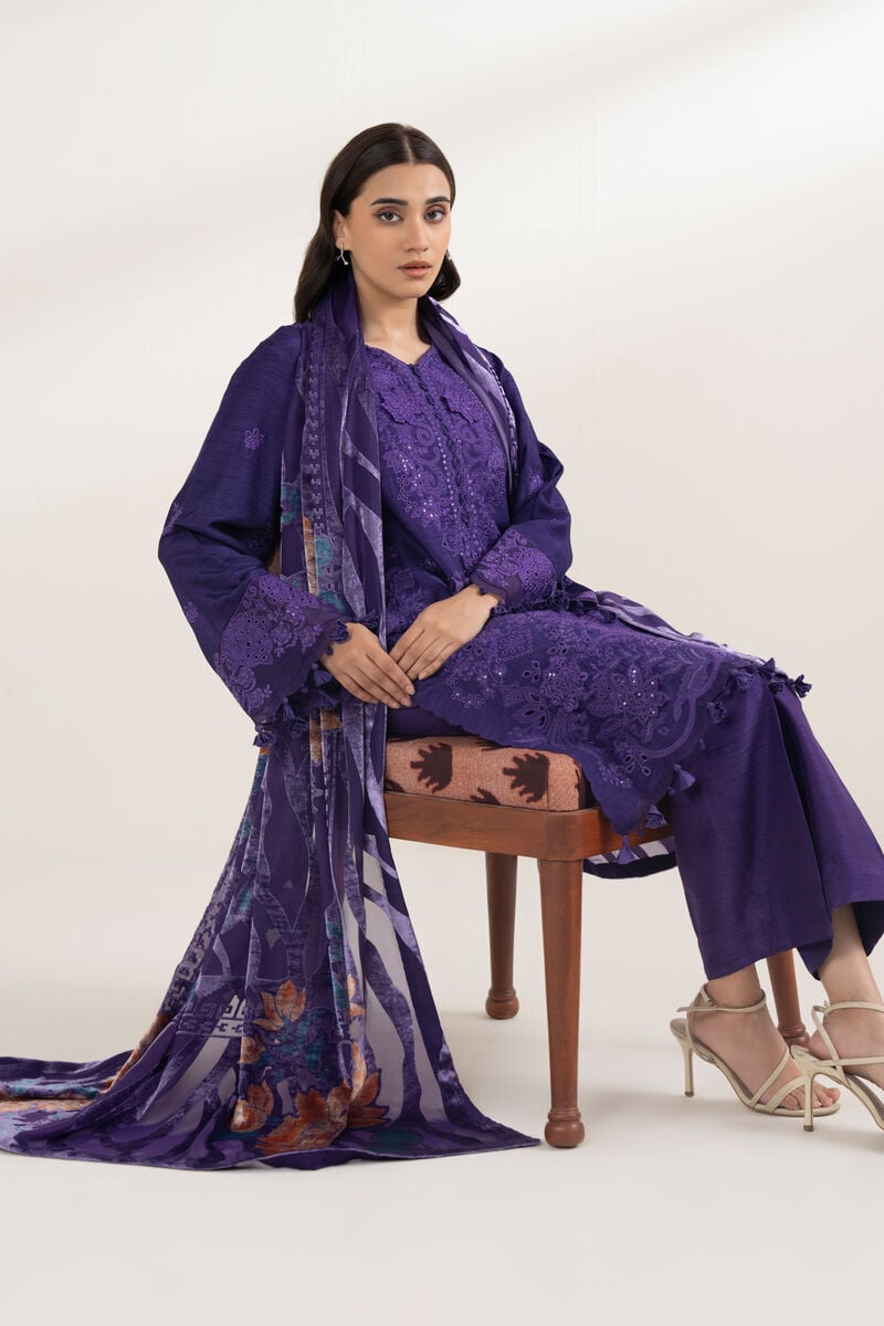 3 Piece - Embroidered Viscose Raw Silk Suit