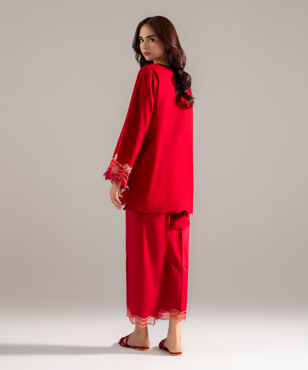 Women's RTW Dobby Solid Embroidered Red Straight Shirt