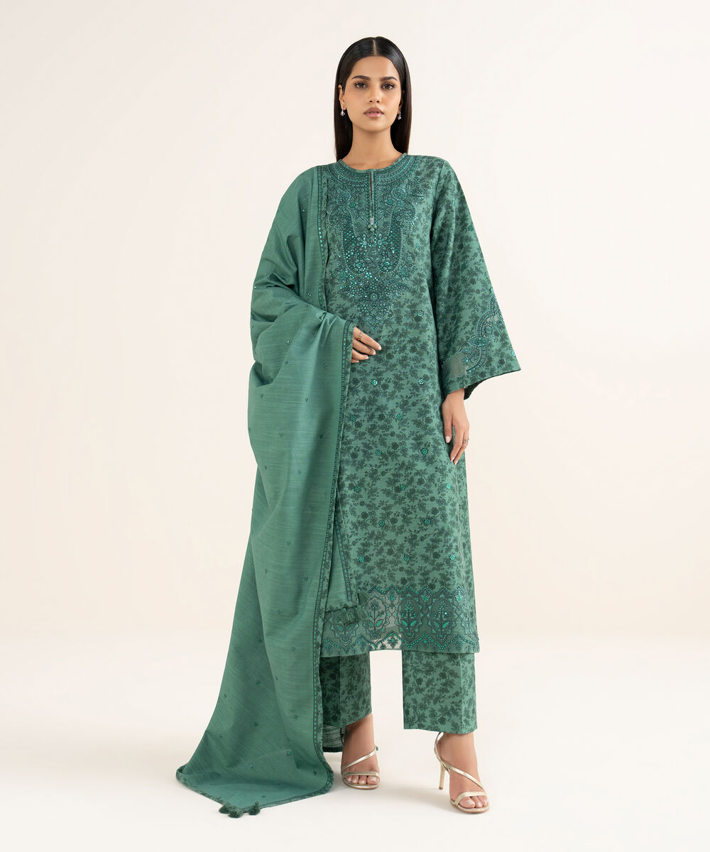 Women's Unstitched Cotton Embroidered Green 3 Piece Suit