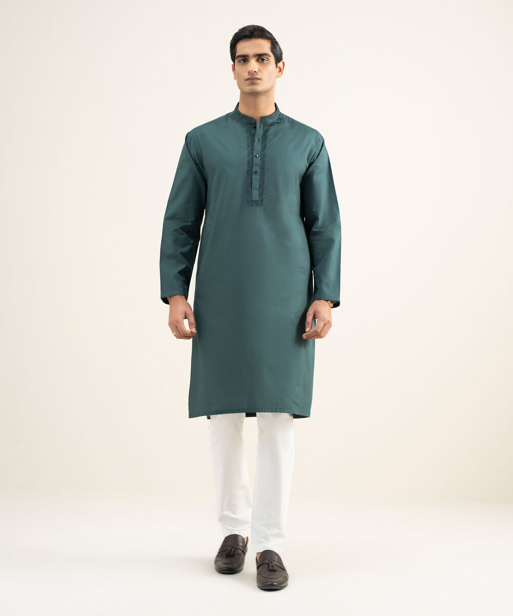 Men's Stitched Cotton Jacquard Sage Blue Kurta