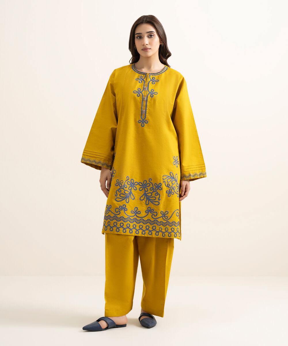 Women's RTW Multi Neps Embroidered Mustard Boxy Shirt