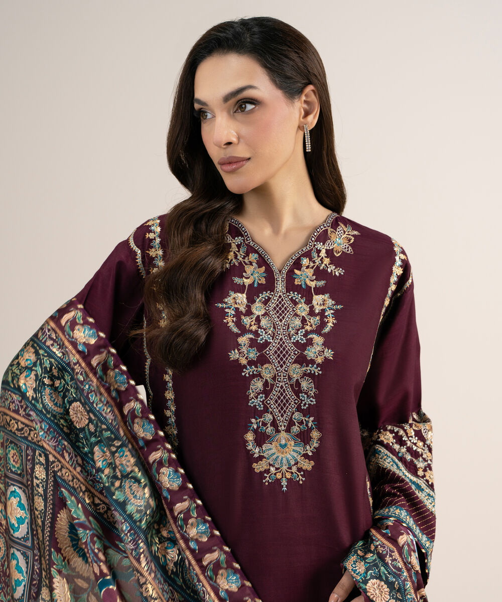 Women's Unstitched Embroidered Blended Raw Silk Maroon 3 Piece Suit