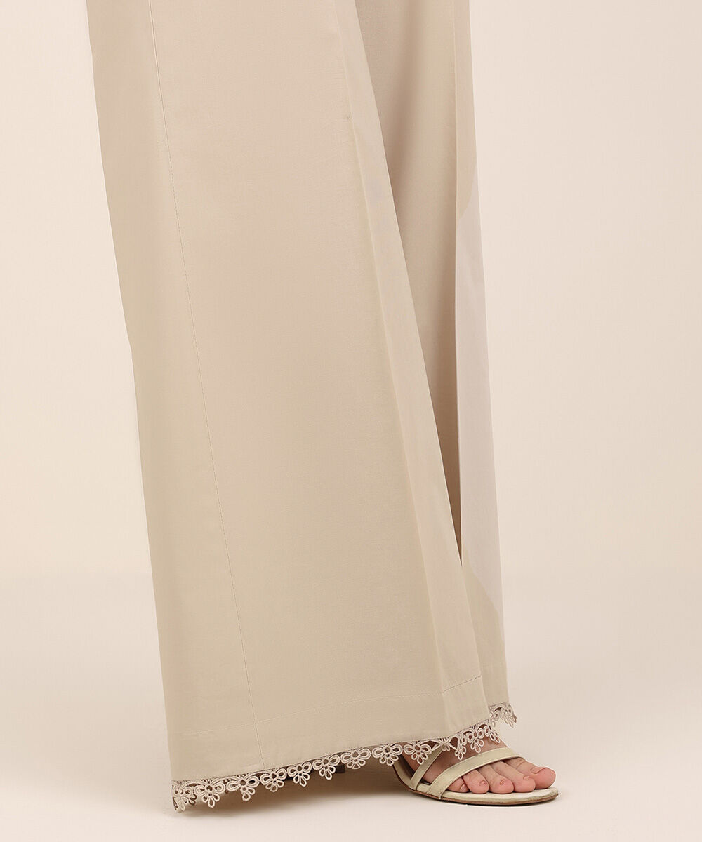 Women's RTW Cambric Beige Solid Flared Pants