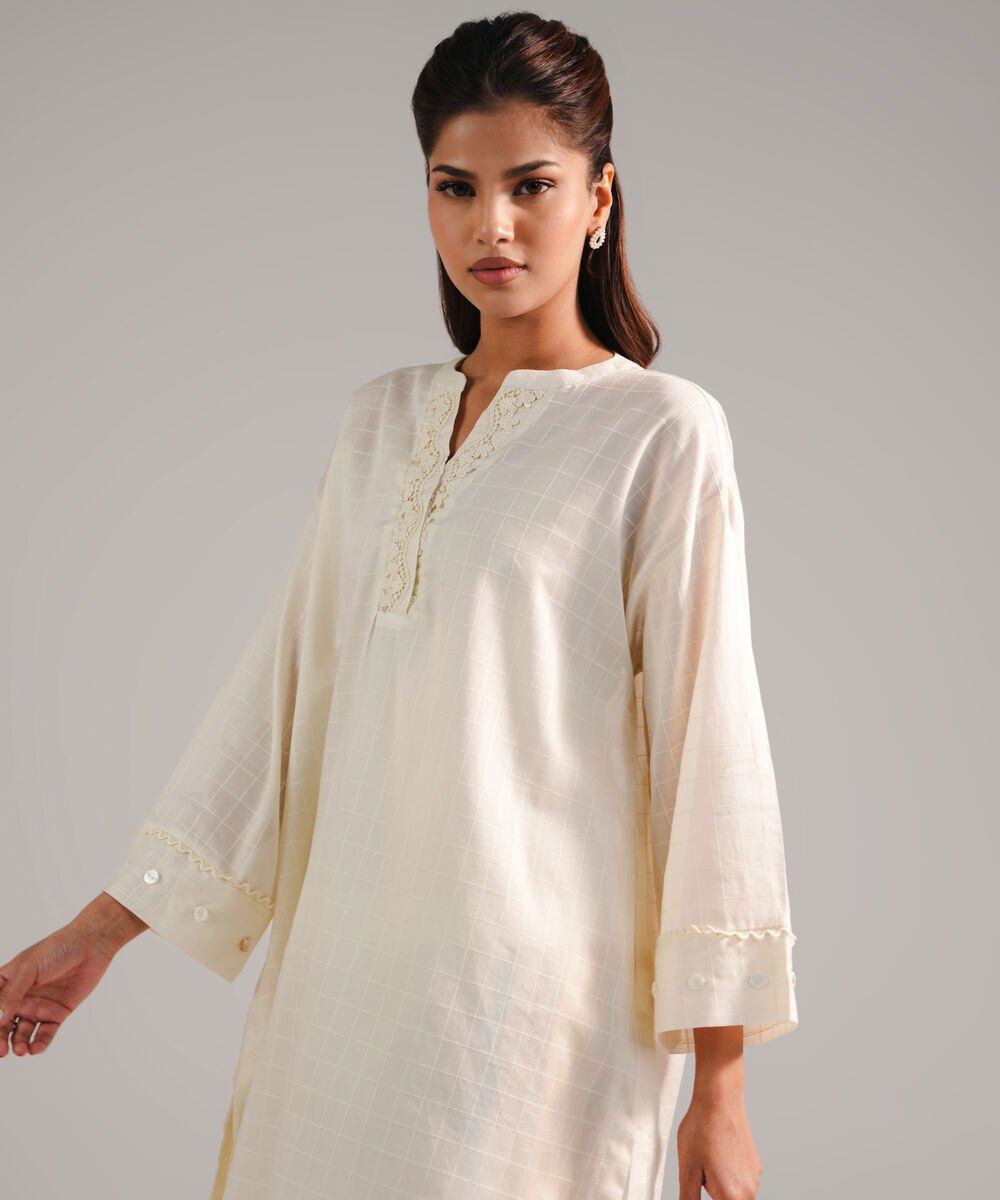 Women's RTW Dobby Embroidered Off White 2 Piece Suit