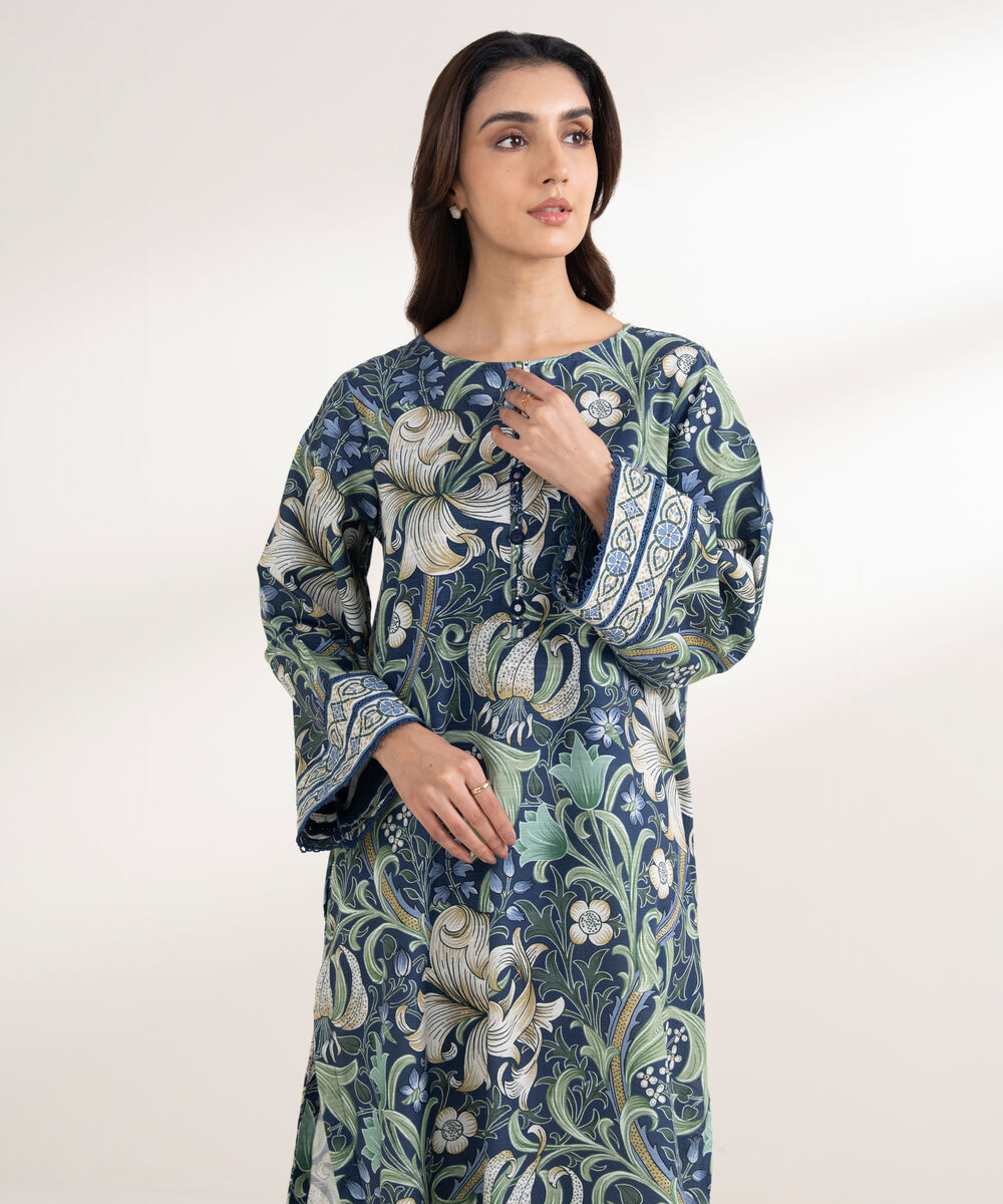 Women's RTW Khaddar Printed Straight Blue Shirt
