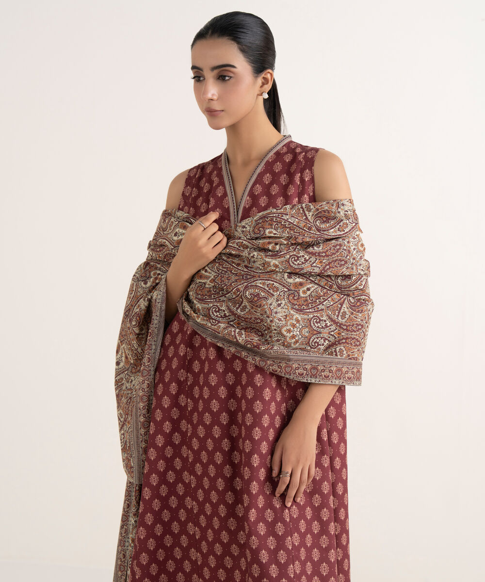 Women's Unstitched Cotton Printed Red Three Piece Suit