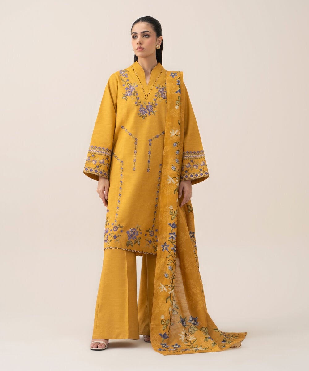 Women's Unstitched Lawn Embroidered Mustard 3 Piece Suit