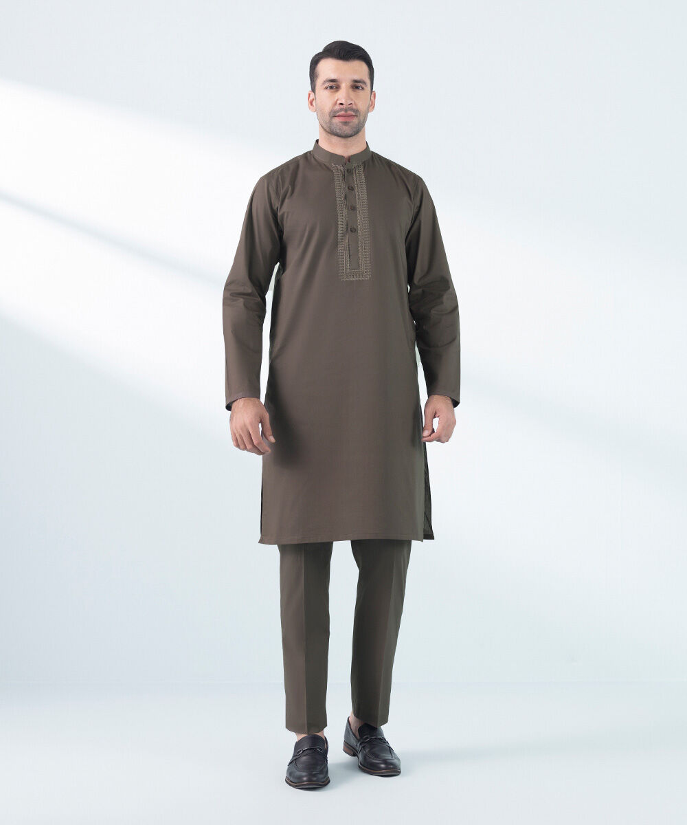 Man - Brown Embroidered Cotton Suit