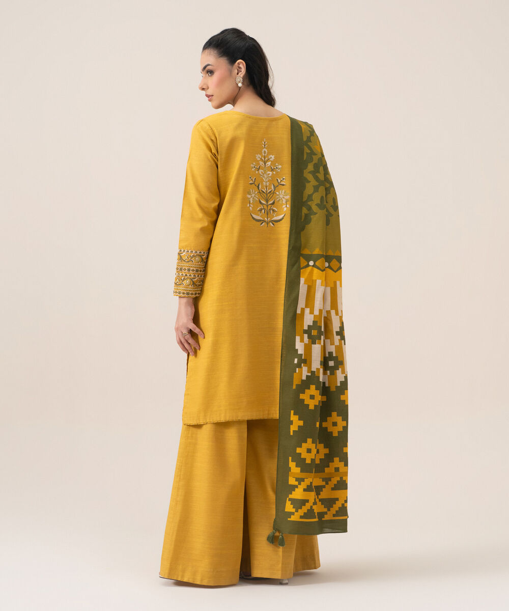 Women's Unstitched Premium Khaddar Embroidered Yellow 3 Piece Suit
