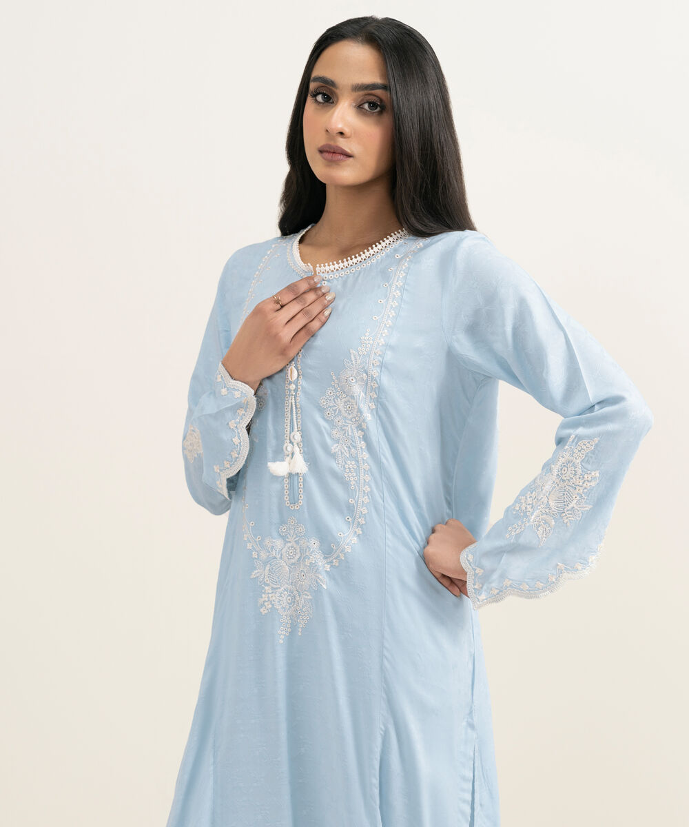 Women's RTW Arabic Self Jacquard Embroidered Blue A-Line Shirt