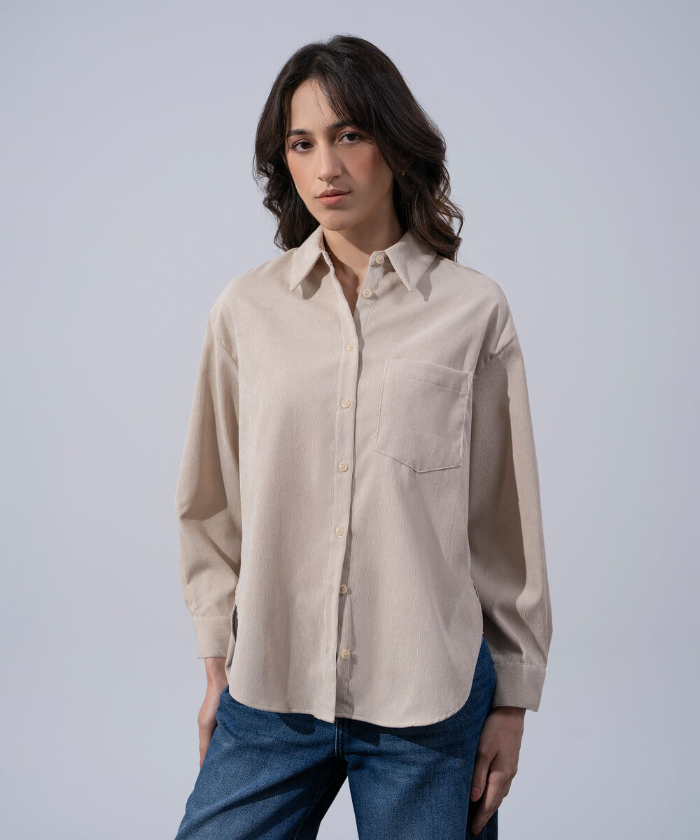 Women's Western Wear Beige Polyester Button Through Corduroy Shirt