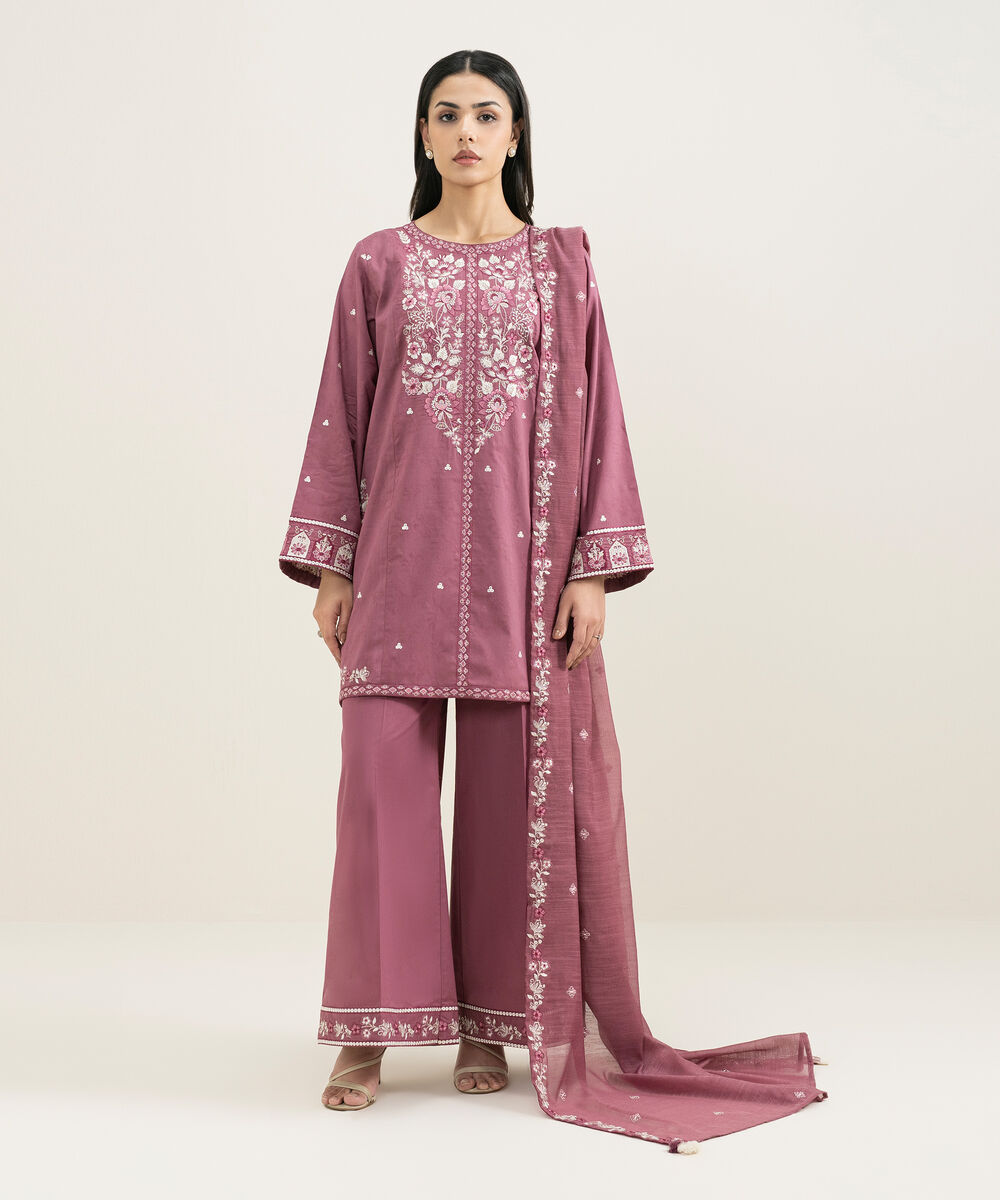 Women's RTW Self Jacquard Embroidered Purple Straight Shirt