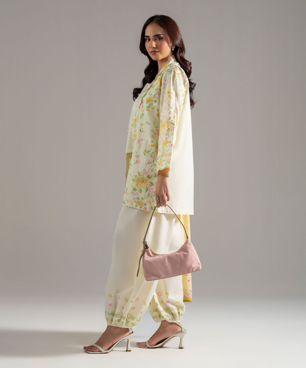 Women's RTW Cambric Solid Embroidered Off White 3 Piece Suit