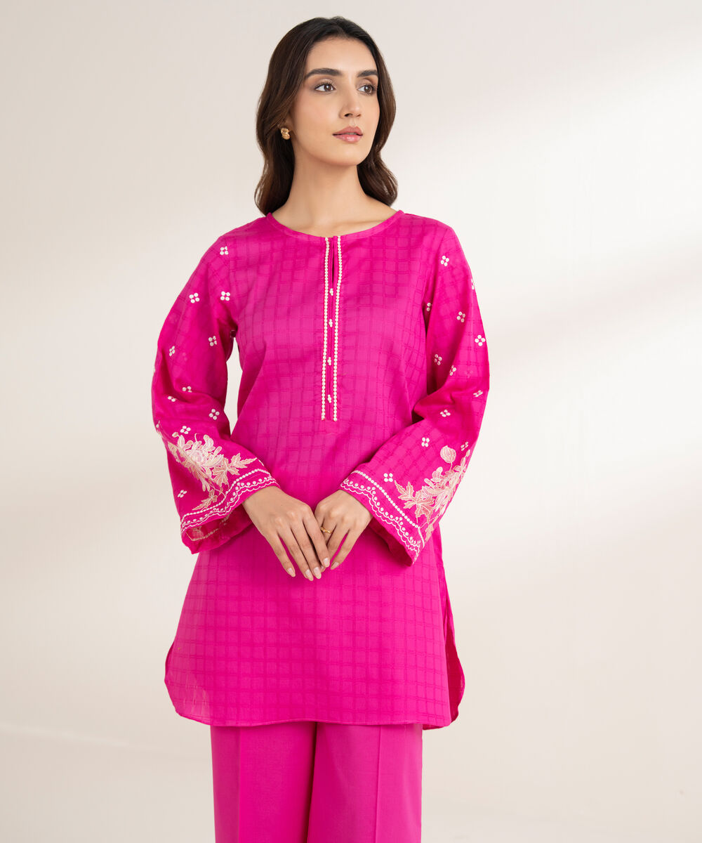 Women's RTW Textured Cotton Embroidered Straight Pink Shirt