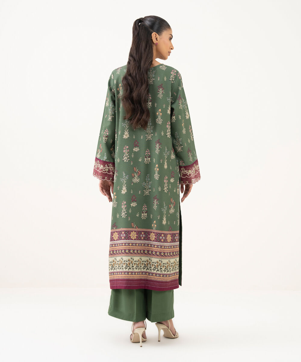 Women's RTW Textured Viscose Embroidered Green A-Line Shirt