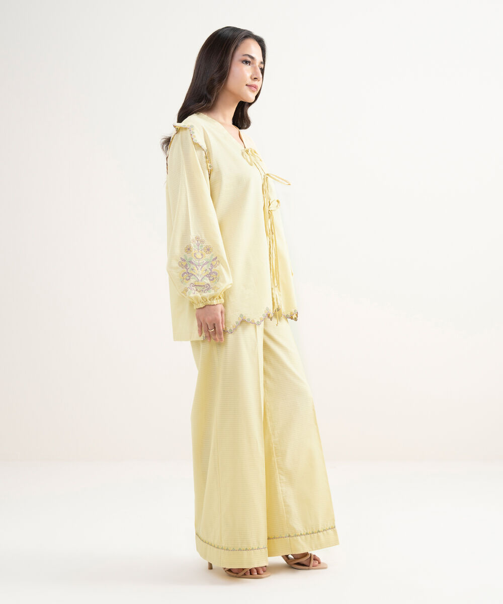Women's RTW Dobby Embroidered Yellow Straight Shirt
