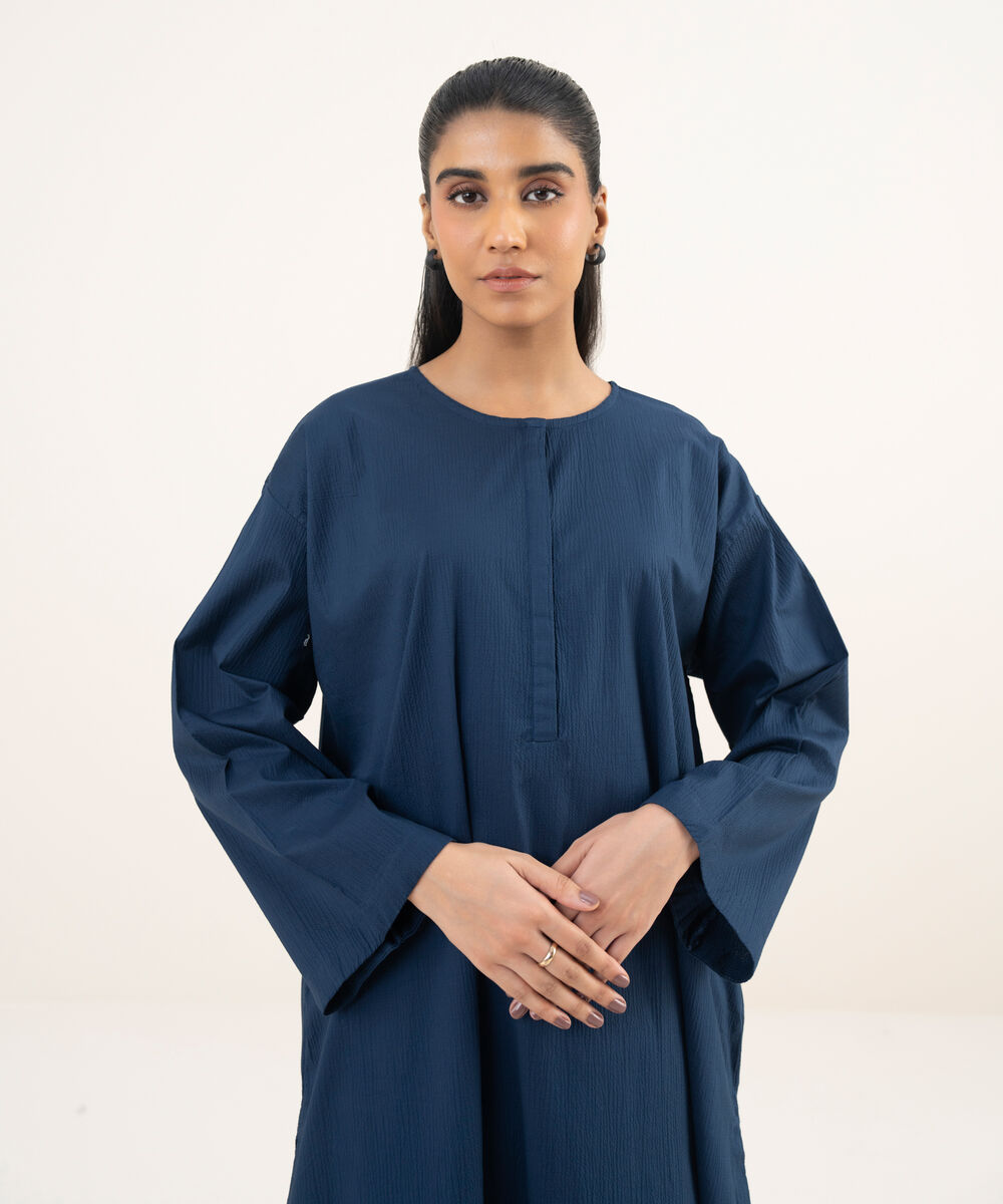 Women's RTW Seersucker Blue Solid A-Line Shirt