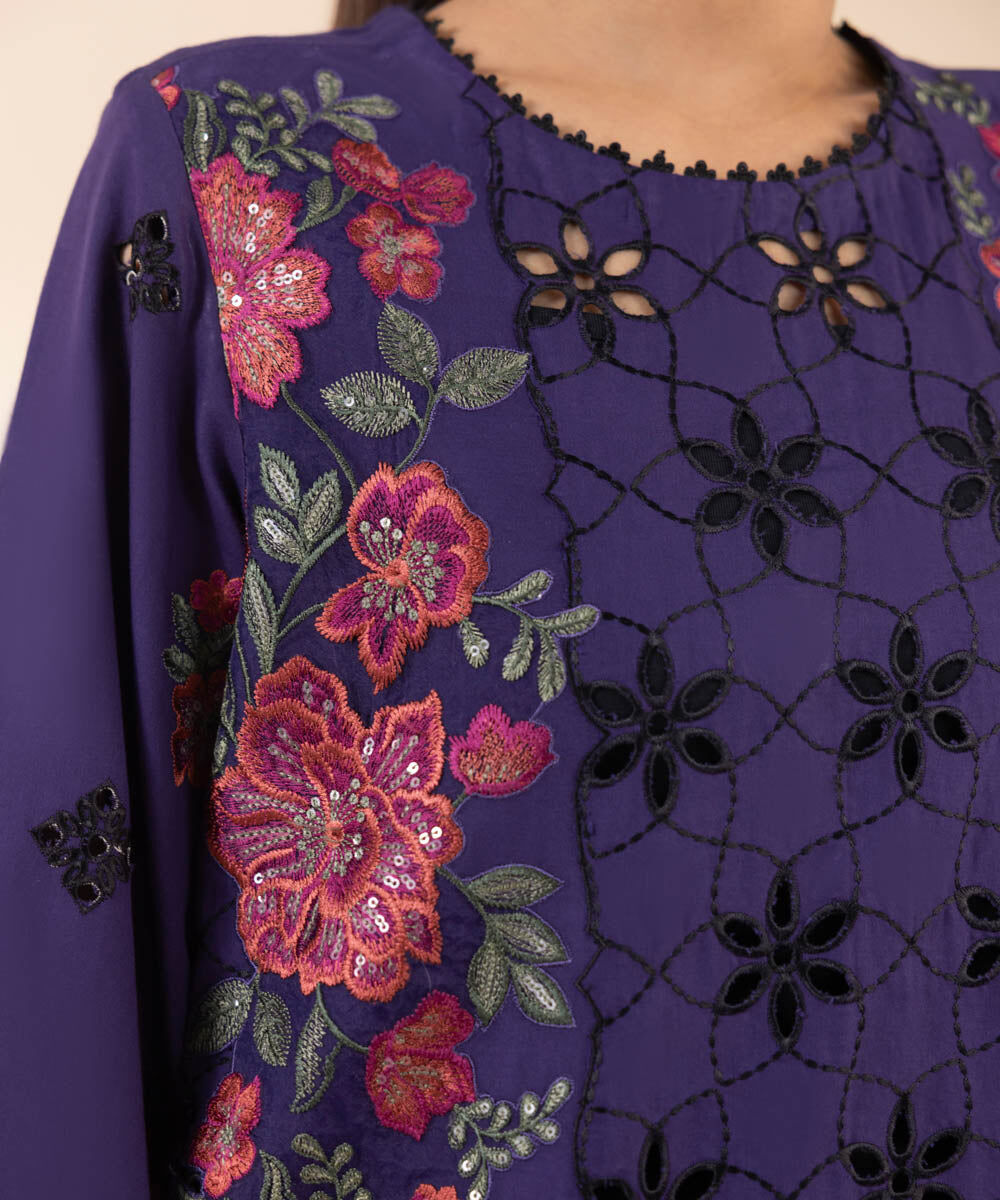 Woman - Purple 3 Piece - Embroidered Cotton Satin Suit